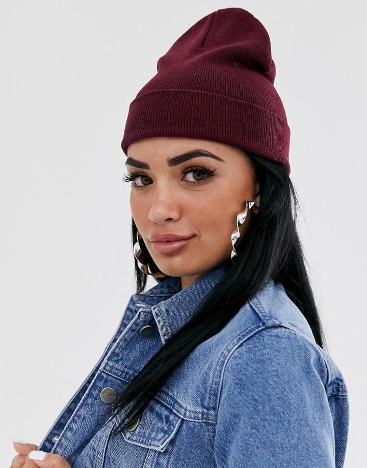 Asos Design Turn Up Beanie In Recycled Polyester In Burgundy-red