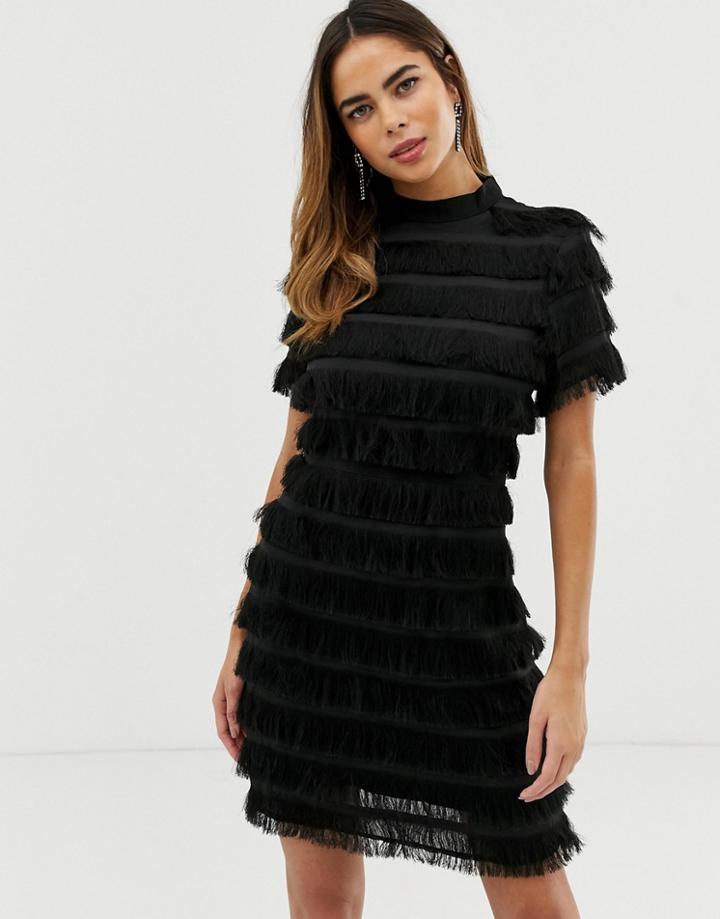 Liquorish Bodycon Mini Dress With Fringe Detail - Black