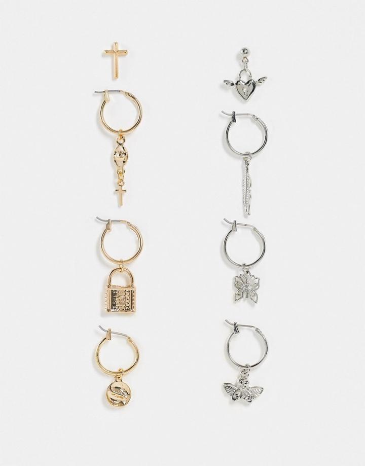 Reclaimed Vintage Inspired Unisex Y2k Single Earrings With Butterfly And Cherub Charms In Mixed Metal 8 Pack-multi