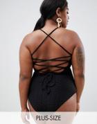 In The Style Plus Latecia Lace Up Back Textured Swimsuit - Black