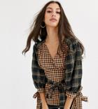 Asos Design Tall Long Sleeve V Neck Top With Belt Detail In Mixed Check Print-multi