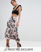 Asos Tall Button Through Midi Skirt In Floral Print - Multi