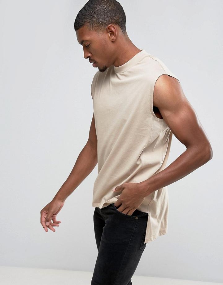 Asos Relaxed Tank With Stepped Hem In Beige - Beige