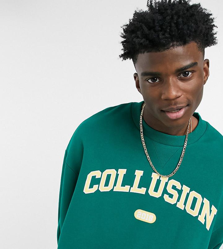 Collusion Oversized Sweatshirt With Collegiate Logo Print-green