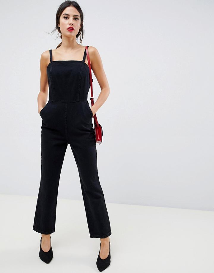 Asos Design Denim Strappy Jumpsuit In Washed Black - Black