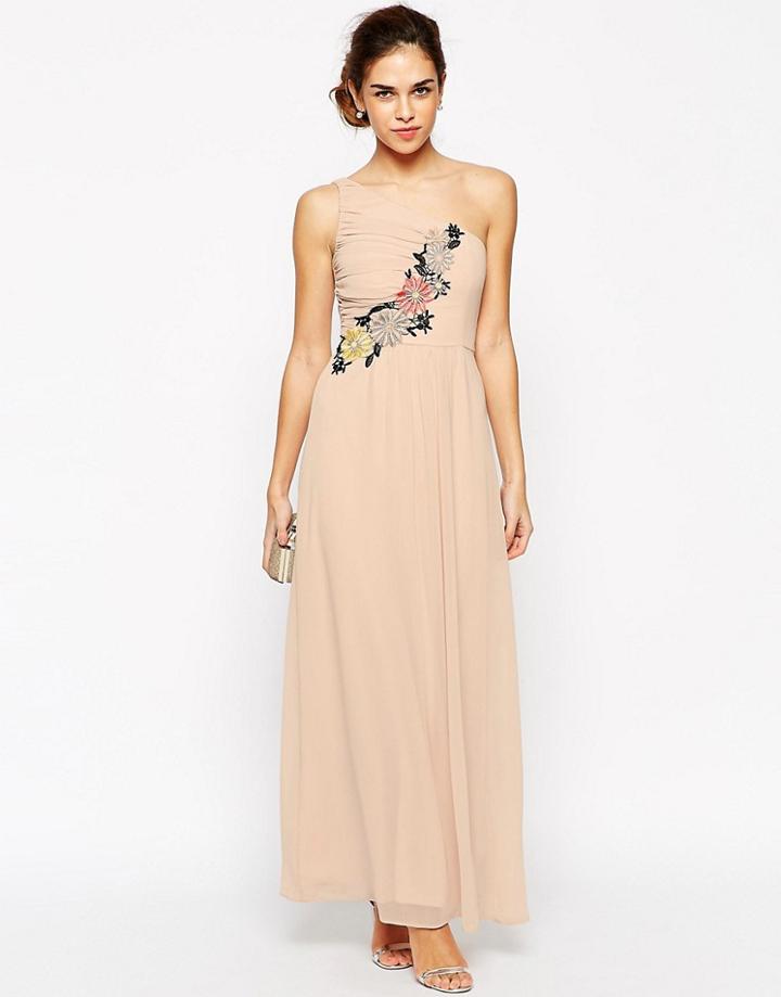 Elise Ryan Pleated One Shoulder Maxi Dress With Crochet Applique Trim - Pink