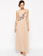 Elise Ryan Pleated One Shoulder Maxi Dress With Crochet Applique Trim - Pink