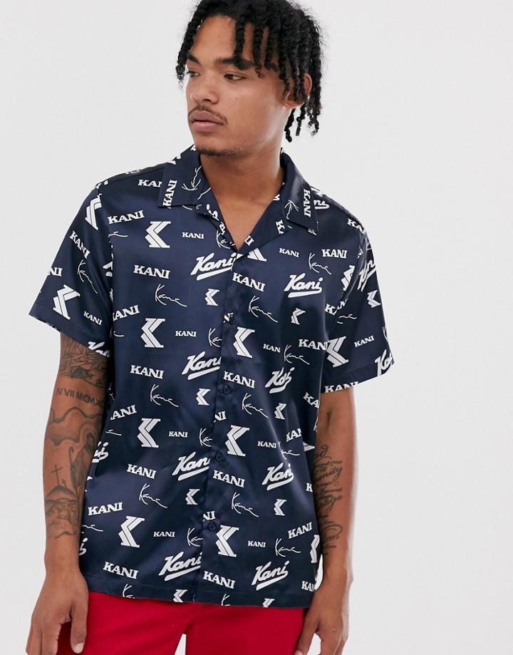 Karl Kani Og Satin All-over Print Shirt With Revere Collar In Navy - Navy