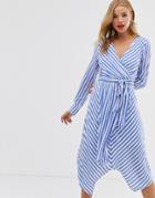 Glamorous Wrap Front Dress With Tie Waist In Diagonal Stripe-blue