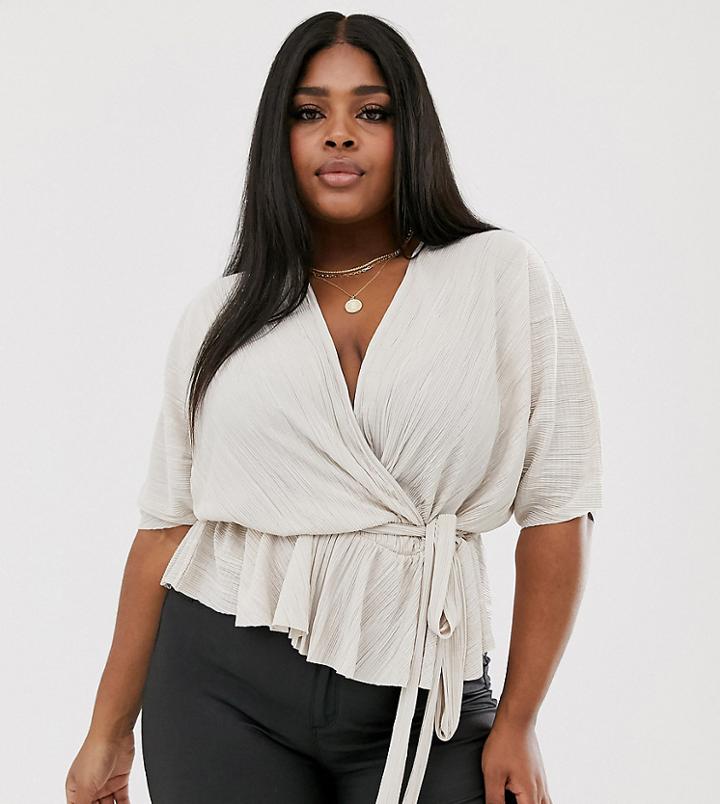 Asos Design Curve Plisse Wrap Top With Tie Waist-beige