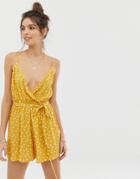 Asos Design Wrap Tie Front Romper In Crinkle In Spot - Multi