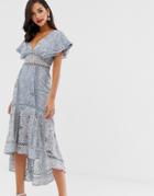 Asos Design Flutter Sleeve Midi Dress In Corded Lace With Circle Trim Detail-multi