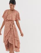Asos Design Midi Dress With Cape Back And Dip Hem In Scatter Sequin-beige