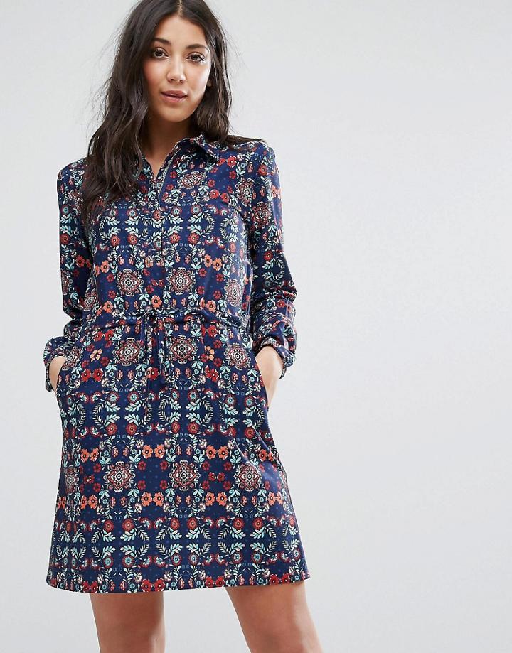 Lavand Printed Shirt Dress With Drawstring Waist - Multi