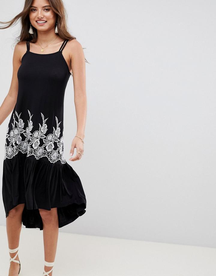 Asos Design Embroidered Drop Hem Midi Sundress - Black