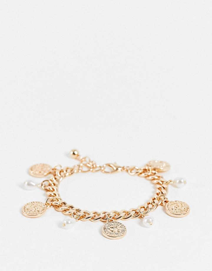 Asos Design Chain Bracelet With Coin Charms And Pearl In Gold Tone