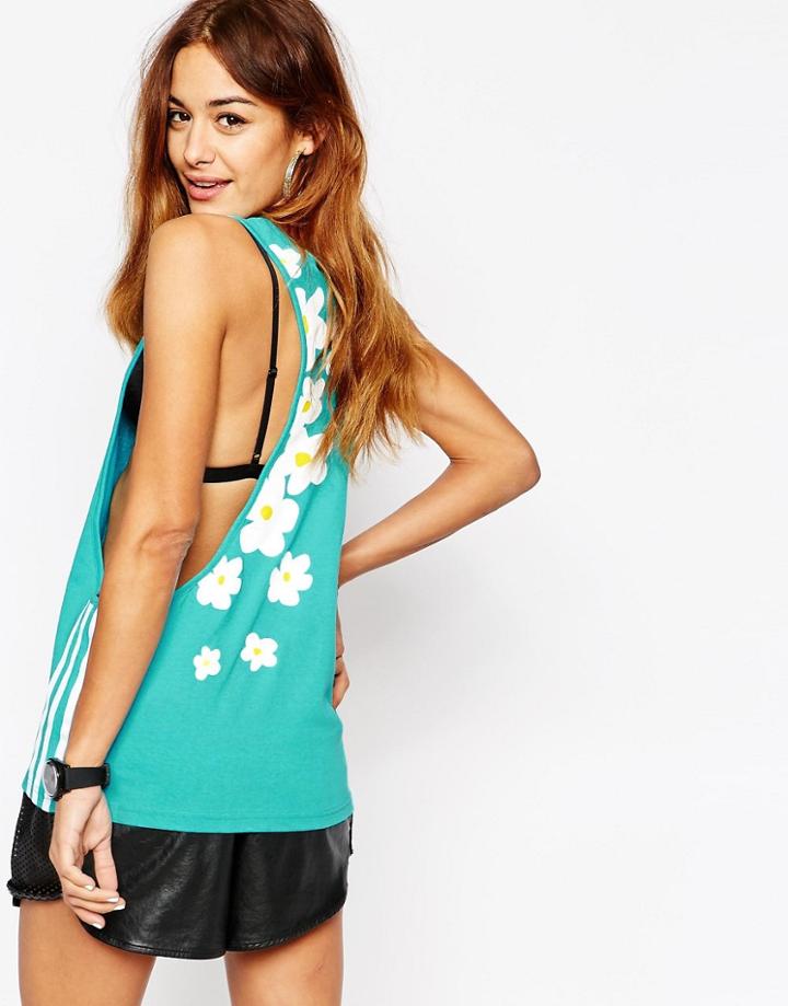 Adidas Originals Pharrell Williams Drop Arm Tank Tank With Trefoil Logo & Floral Daisy Print - Shock Green S16