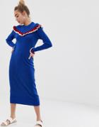 Monki Ruffle Sporty Knitted Midi Dress - Blue