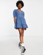 Miss Selfridge Denim Tiered Dress In Mid Wash-blues