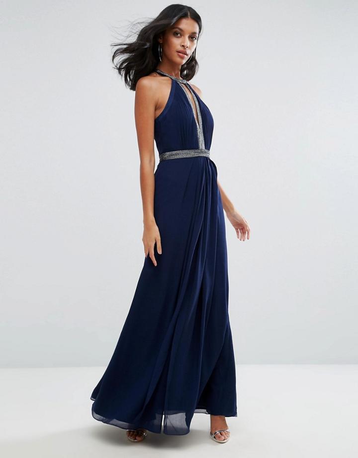 Lipsy Embellished Plunge Maxi Dress - Navy