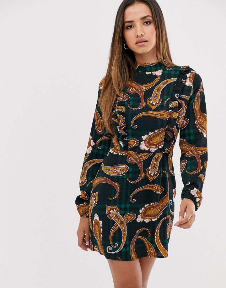 Ax Paris Plaid Paisley Ruffle Front Mini Dress-multi