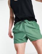 Asos Design Short Length Swim Short In Khaki-green