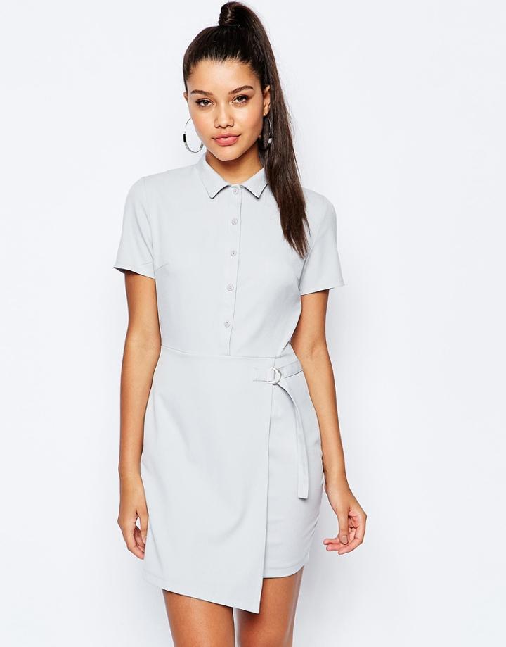 Missguided Short Sleeve D-ring Wrap Shirt Dress - Ice Gray