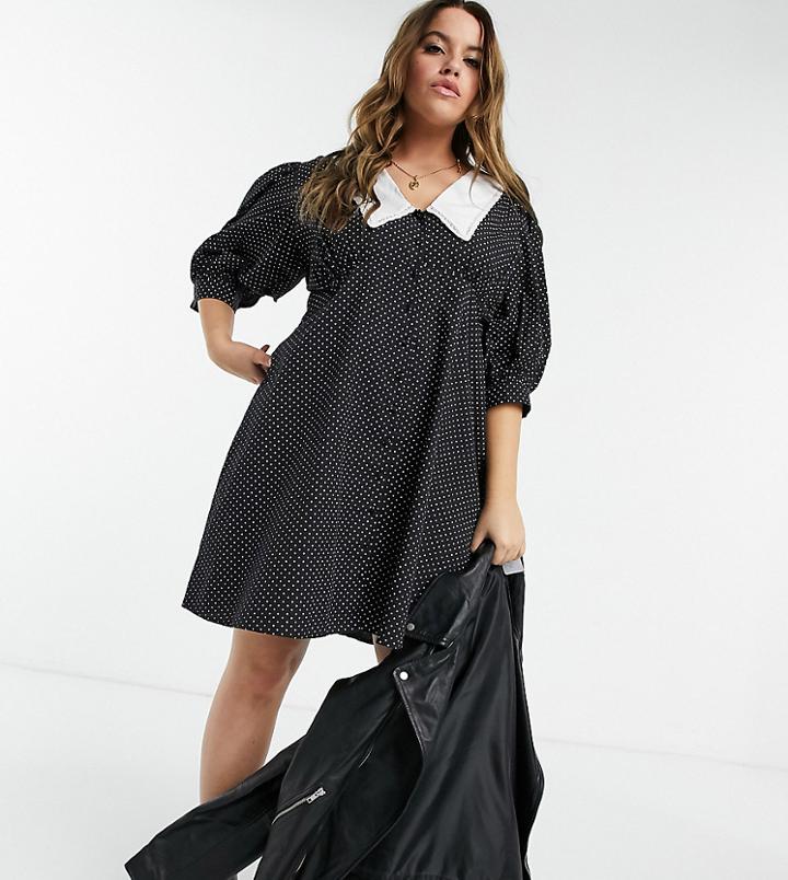 Influence Plus Collared Cotton Poplin Polka Dot Mini Dress In Black