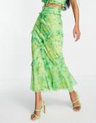 Asos Design Bias Midi Skirt With Ruffle And Button Detail In Green Floral Print - Part Of A Set-multi