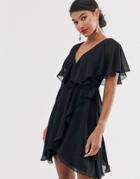 Asos Design Cape Back Dipped Hem Mini Dress-black
