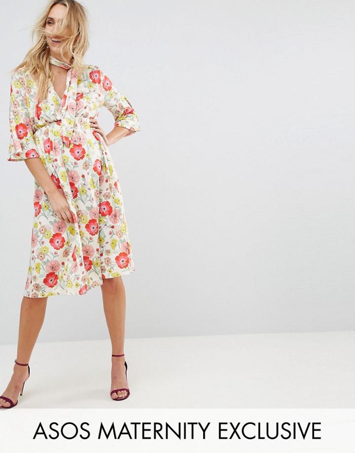 Asos Maternity Pussy Bow Dress In Red Floral Print - Multi