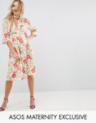 Asos Maternity Pussy Bow Dress In Red Floral Print - Multi