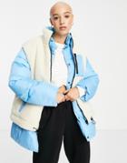 Asos Design Padded Jacket With Detachable Sherpa Vest In Blue And Cream-green