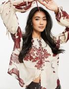 Asos Design Sheer Blouse With Button Front And Tie Sleeve In Cream And Brown Floral-multi