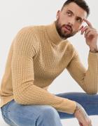 Asos Design Muscle Fit Cable Roll Neck Sweater In Brown - Brown