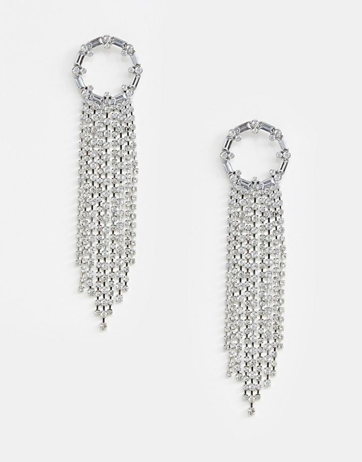 Asos Design Earrings With Crystal Open Circle And Strands In Silver - Silver