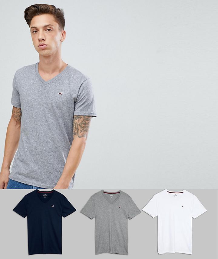 Hollister 3 Pack V-neck T-shirt Seagull Logo Slim Fit In White/gray/navy