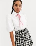 Sister Jane Puff Sleeve Shirt With Heart Collar In Cotton-white