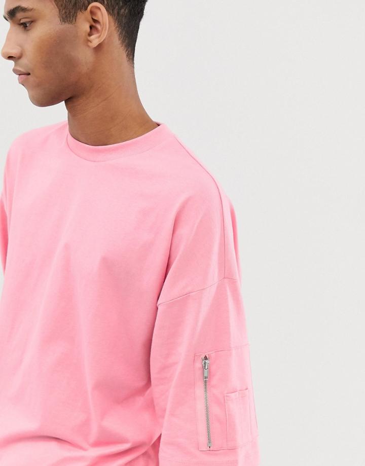 Asos Design Oversized Longline T-shirt With Ma1 Pocket In Pink - Pink