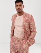 Asos Design Skinny Suit Jacket With Elephant Print In Linen Look-red