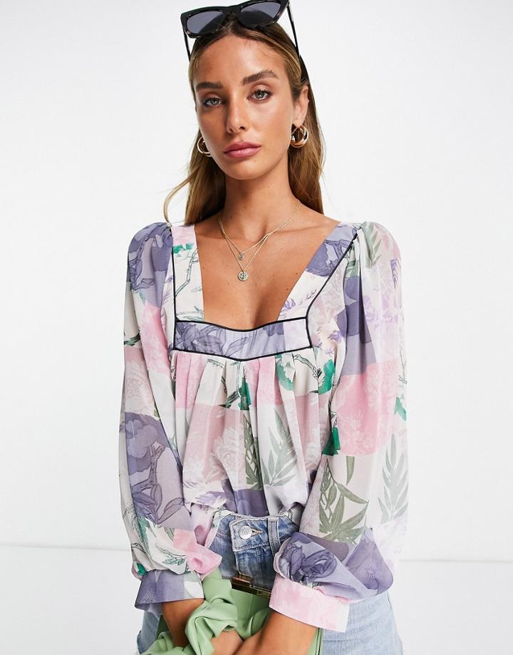 Asos Design Square Neck Top With Blouson Sleeve In Patchwork Floral-multi