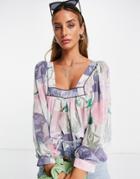 Asos Design Square Neck Top With Blouson Sleeve In Patchwork Floral-multi
