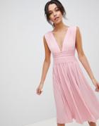 Asos Design Premium Lace Insert Pleated Midi Dress - Pink