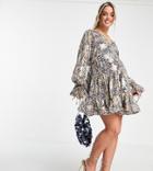 Asos Design Maternity Mini Smock Dress With Tie Waist In Ditsy Printed Jacquard Chiffon-multi