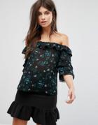 Fashion Union Off Shoulder Top With Ruffle Sleeves In Sheer Floral - Multi