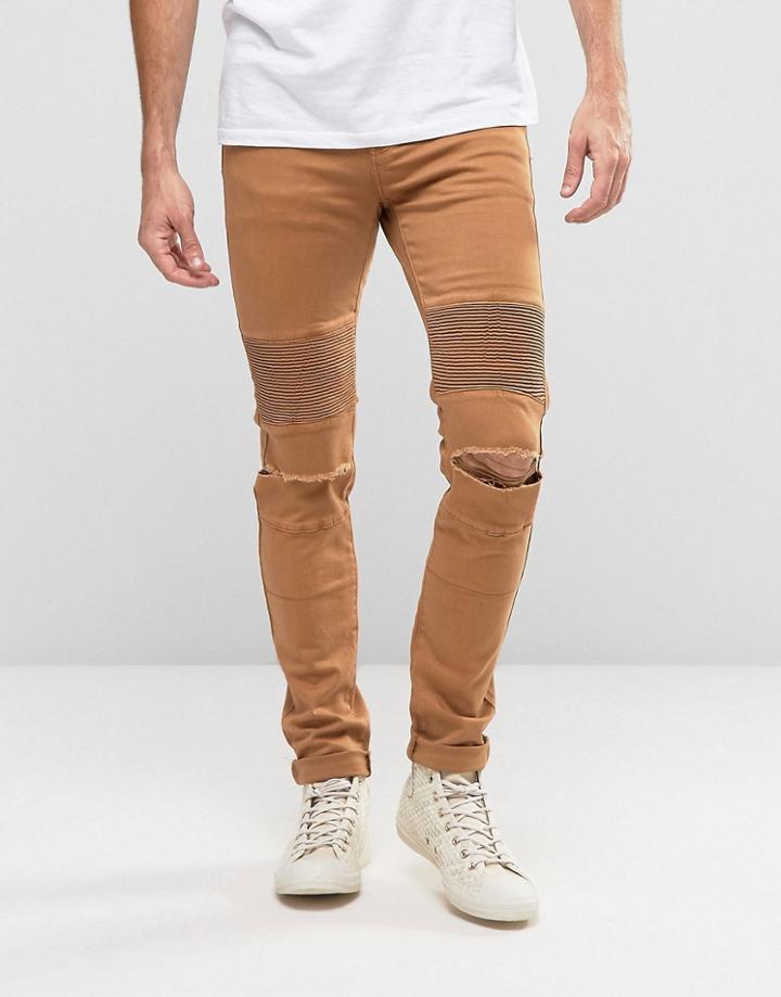 Sixth June Skinny Biker Jeans With Ripped Knees - Tan