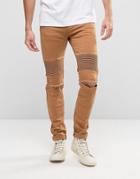 Sixth June Skinny Biker Jeans With Ripped Knees - Tan