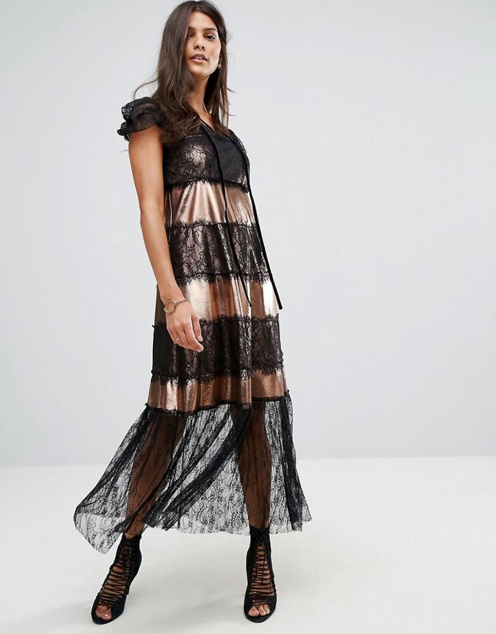 Tresophie Metallic And Lace Midi Dress - Black