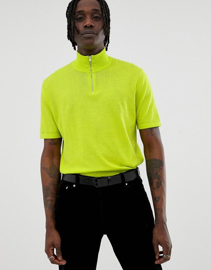 Asos Design Knitted Half Zip T-shirt In Neon Green - Green