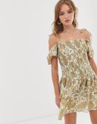 Asos Design Cold Shoulder Shirred Mini Dress In Paisley Print - Multi